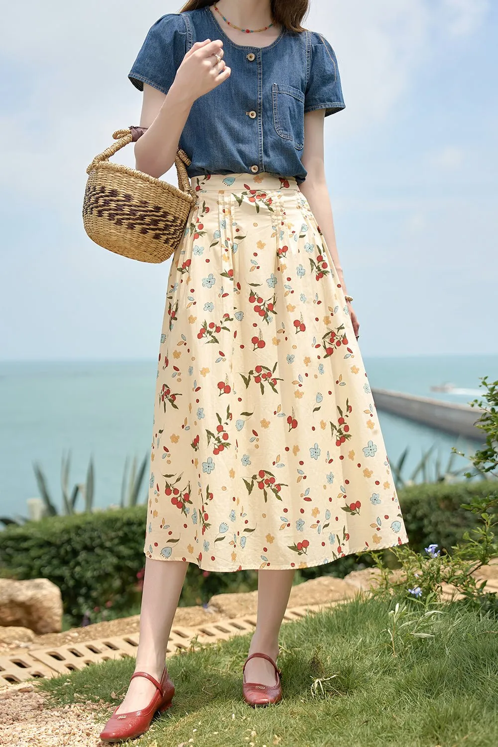 100%Cotton Floral Maxi Skirt for Women