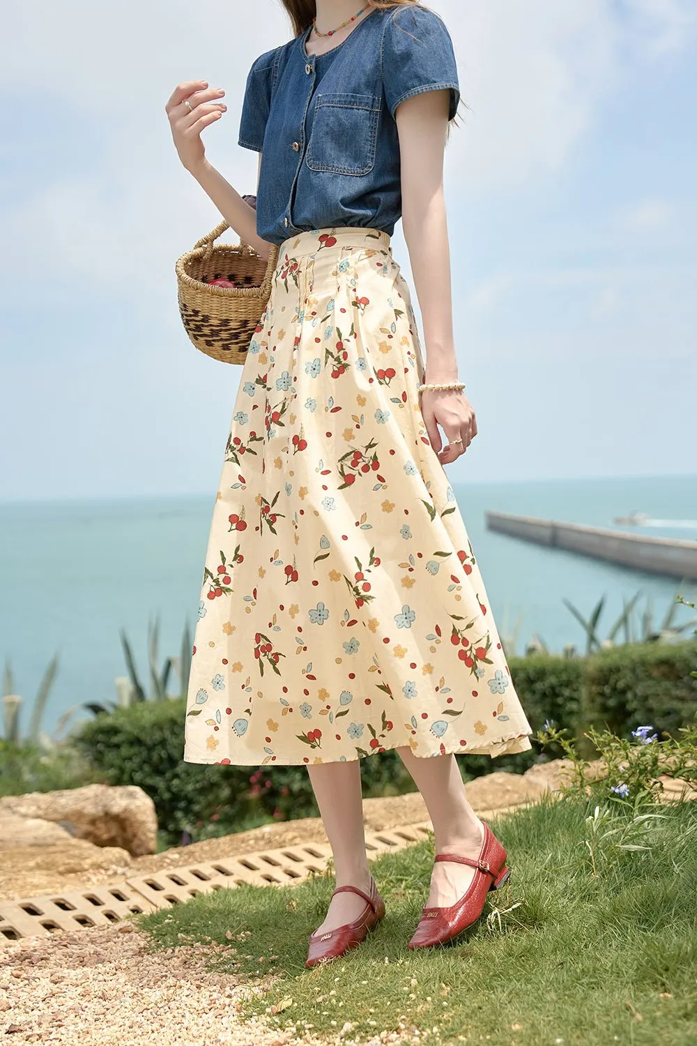 100%Cotton Floral Maxi Skirt for Women