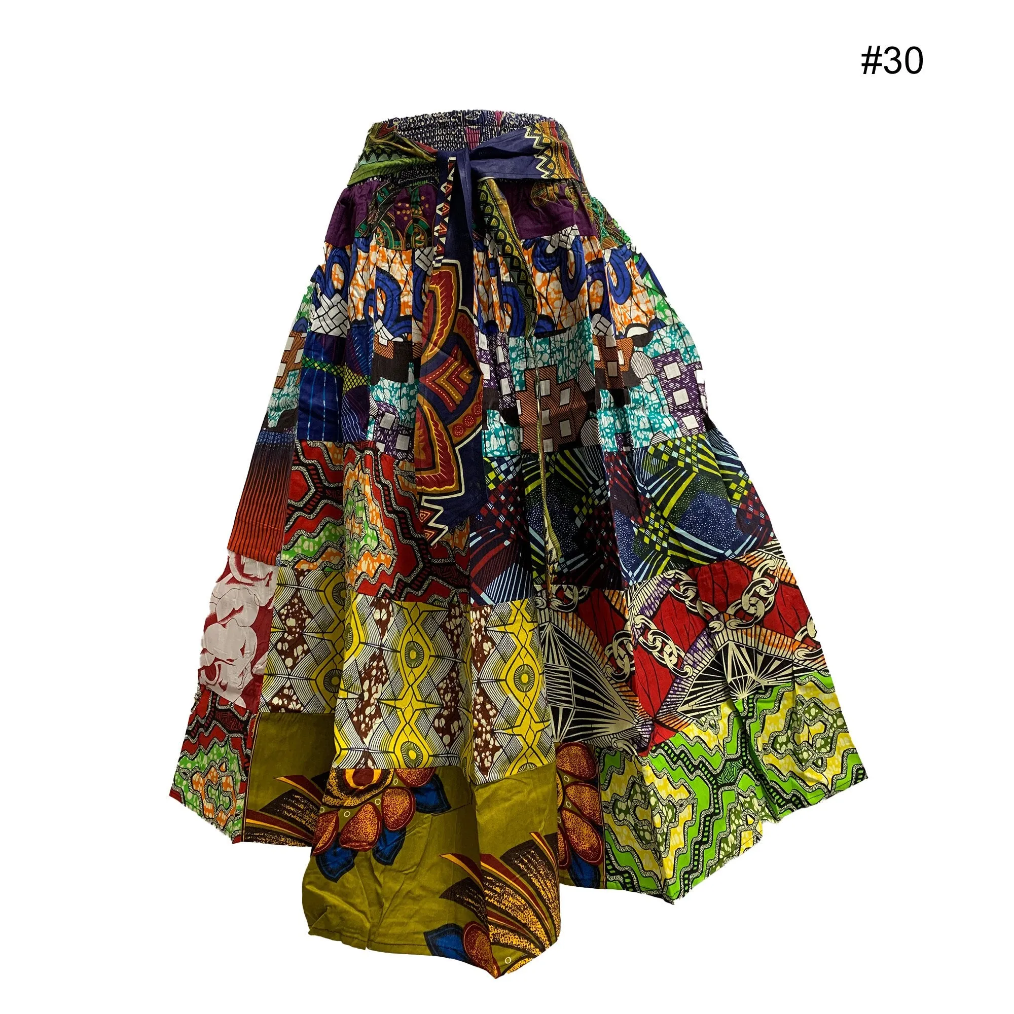 African Ethnic Print Cotton Patchwork Adjustable Flared Long Maxi Skirt