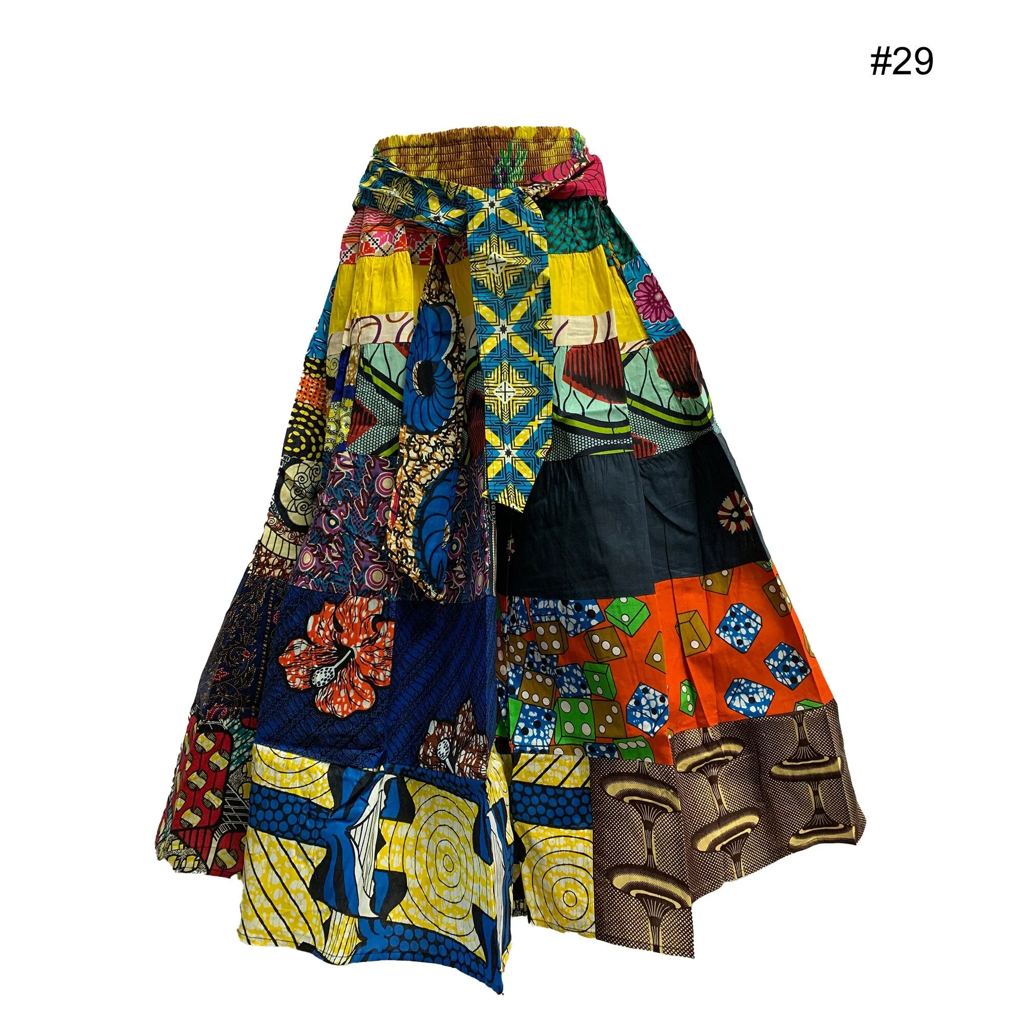 African Ethnic Print Cotton Patchwork Adjustable Flared Long Maxi Skirt