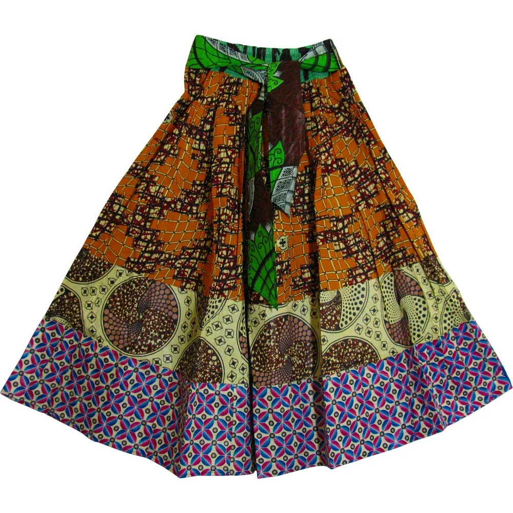 African Ethnic Print Cotton Patchwork Adjustable Flared Long Maxi Skirt