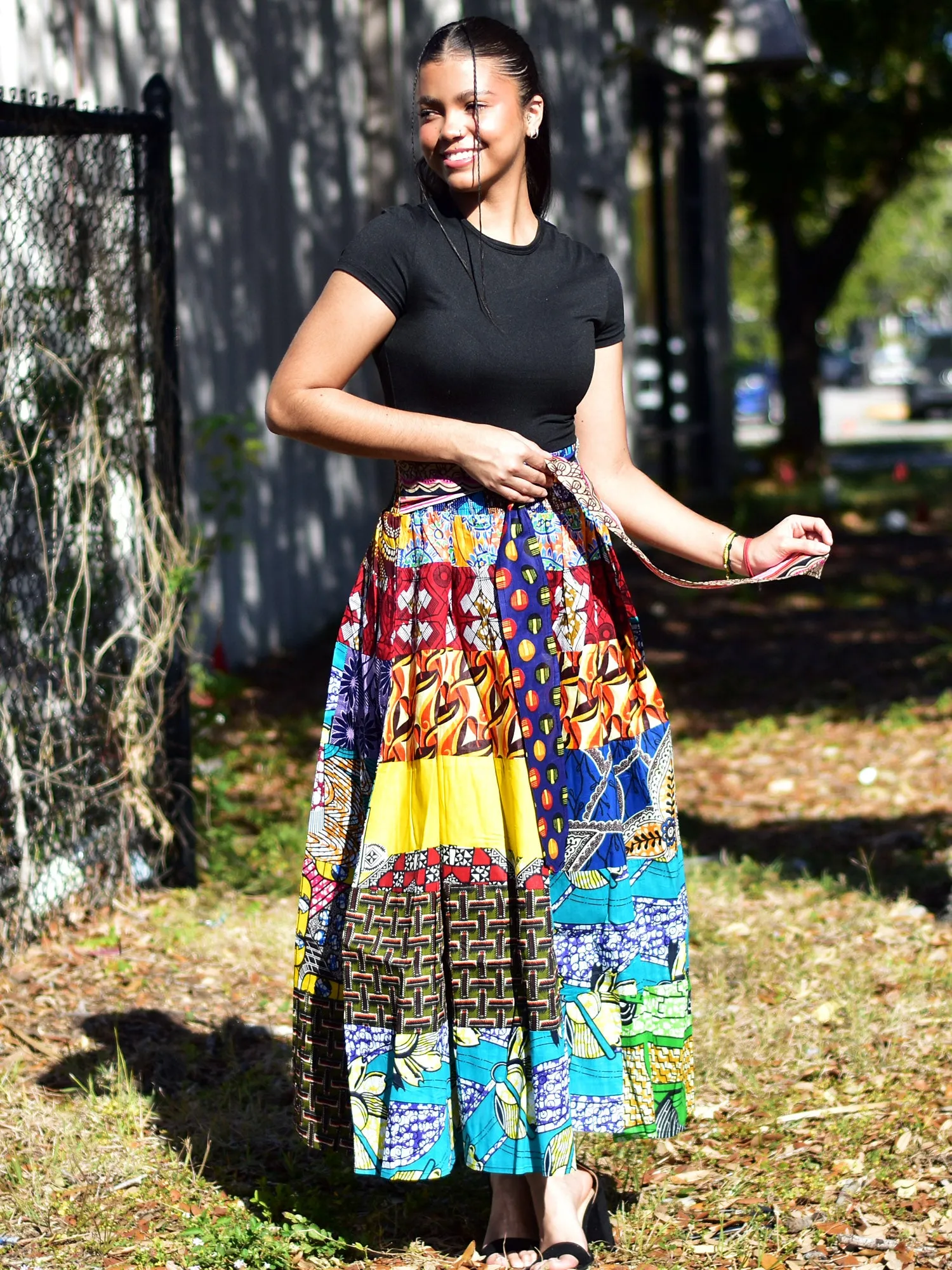 African Ethnic Print Cotton Patchwork Adjustable Flared Long Maxi Skirt