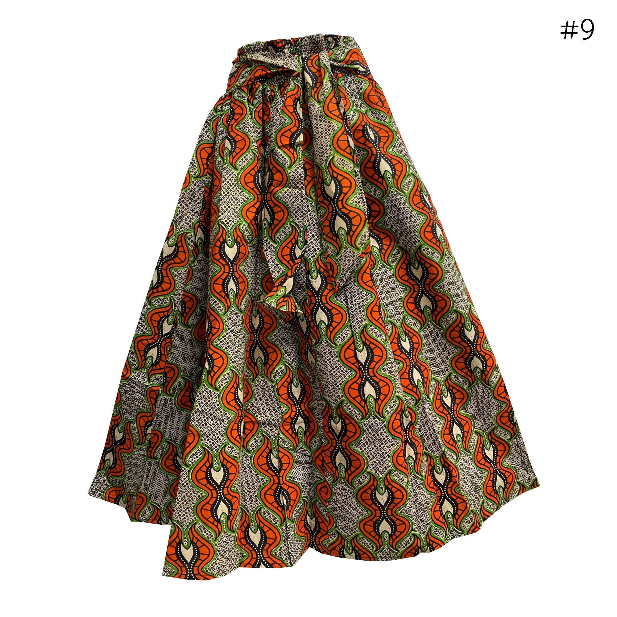 African Ethnic Print Cotton Patchwork Adjustable Flared Long Maxi Skirt