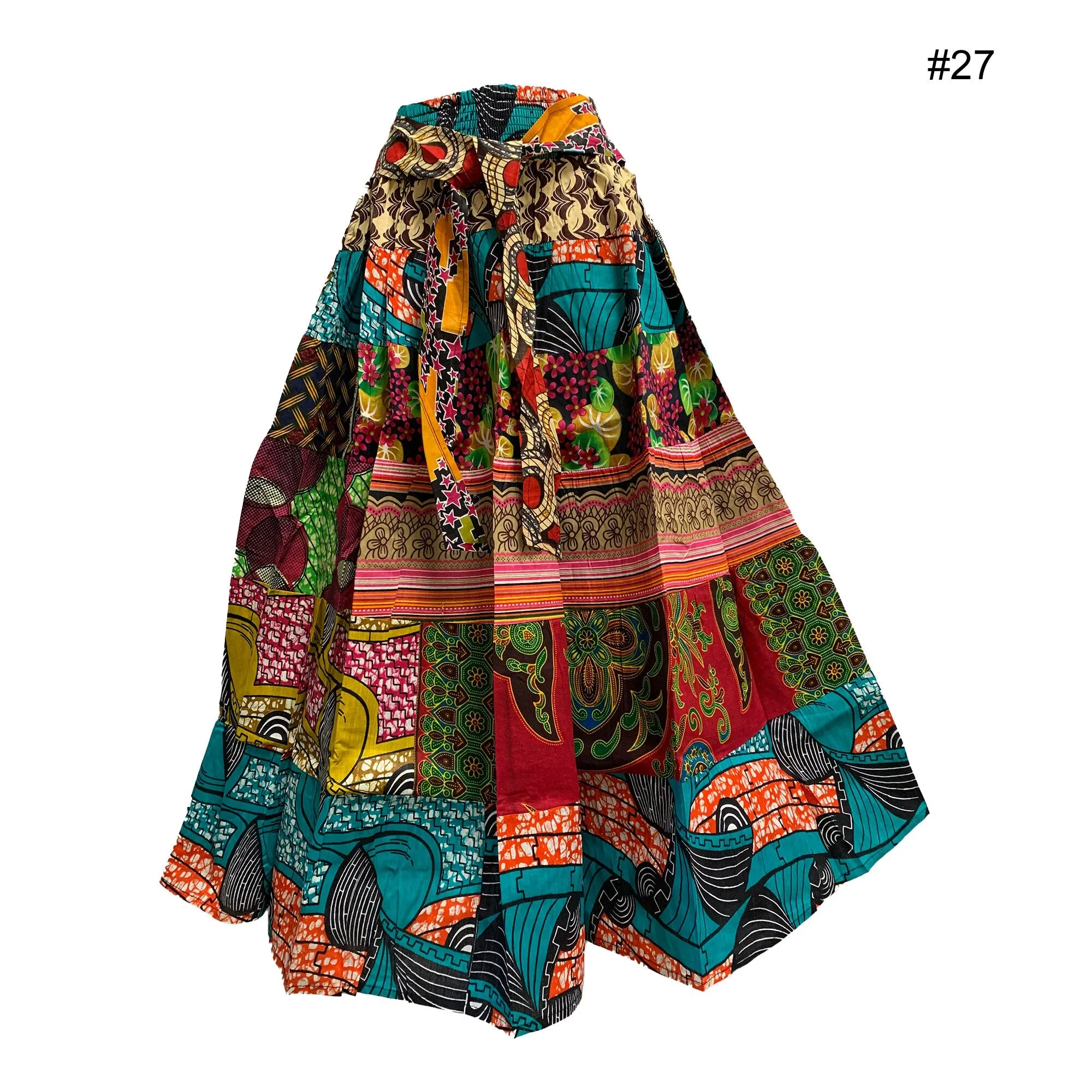 African Ethnic Print Cotton Patchwork Adjustable Flared Long Maxi Skirt