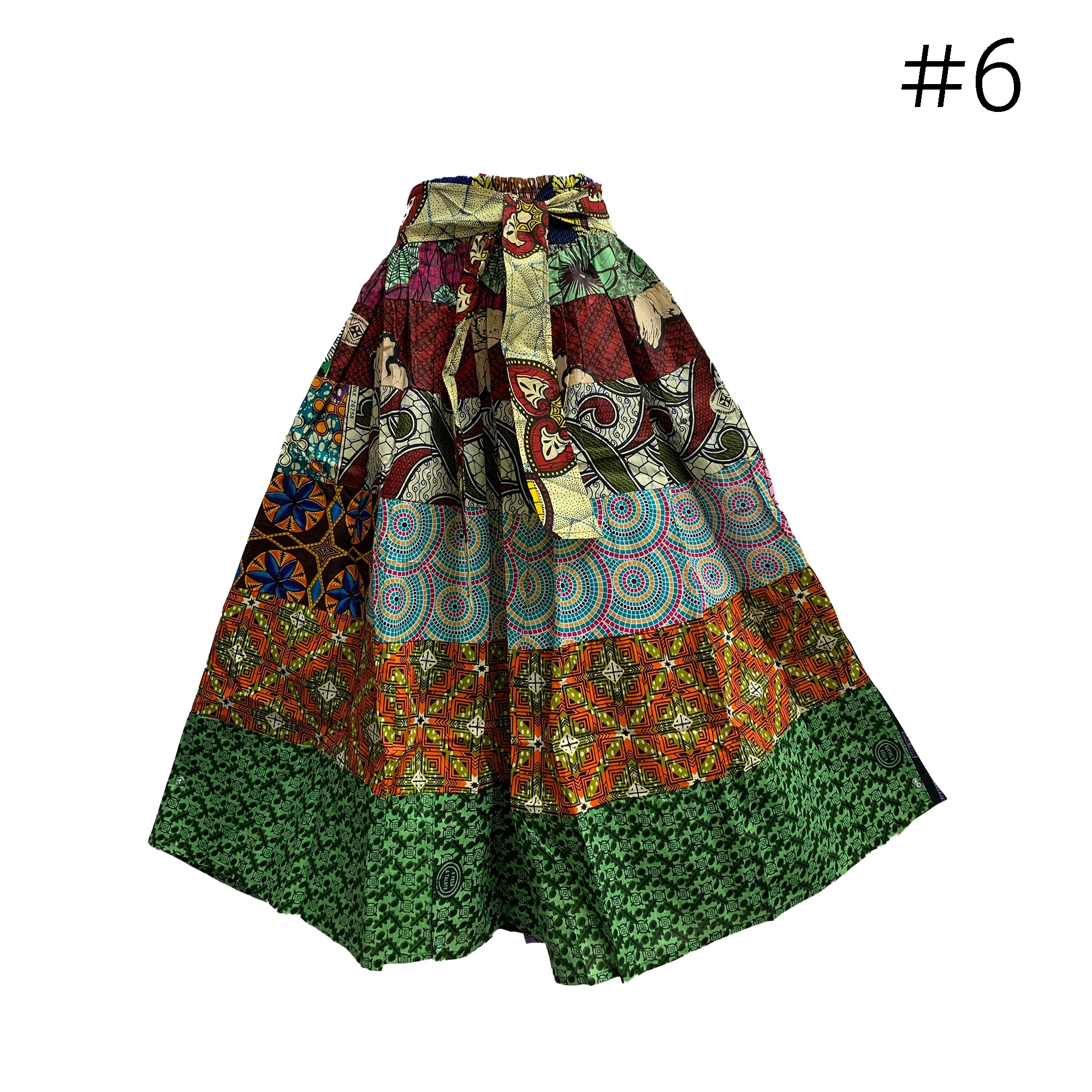 African Ethnic Print Cotton Patchwork Adjustable Flared Long Maxi Skirt