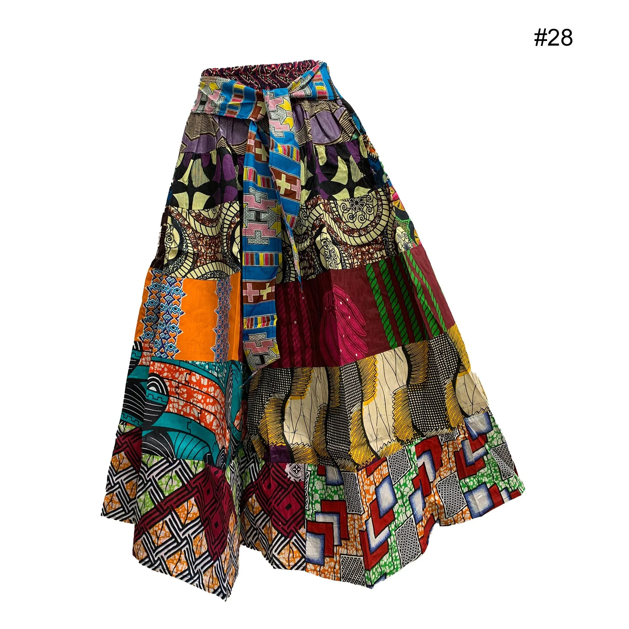 African Ethnic Print Cotton Patchwork Adjustable Flared Long Maxi Skirt