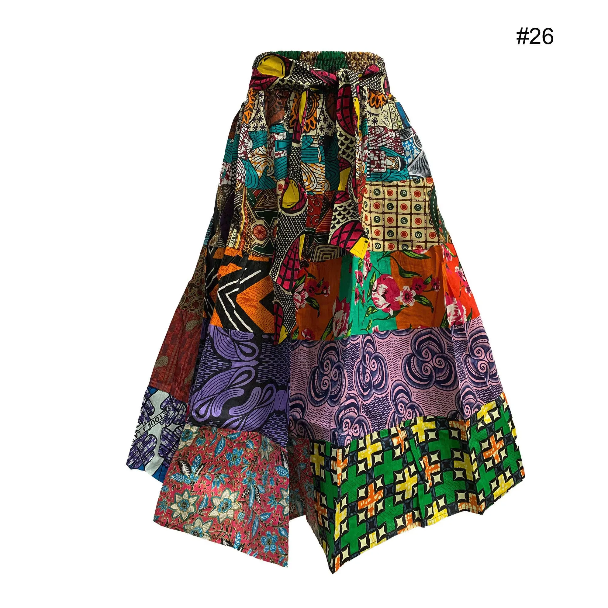 African Ethnic Print Cotton Patchwork Adjustable Flared Long Maxi Skirt