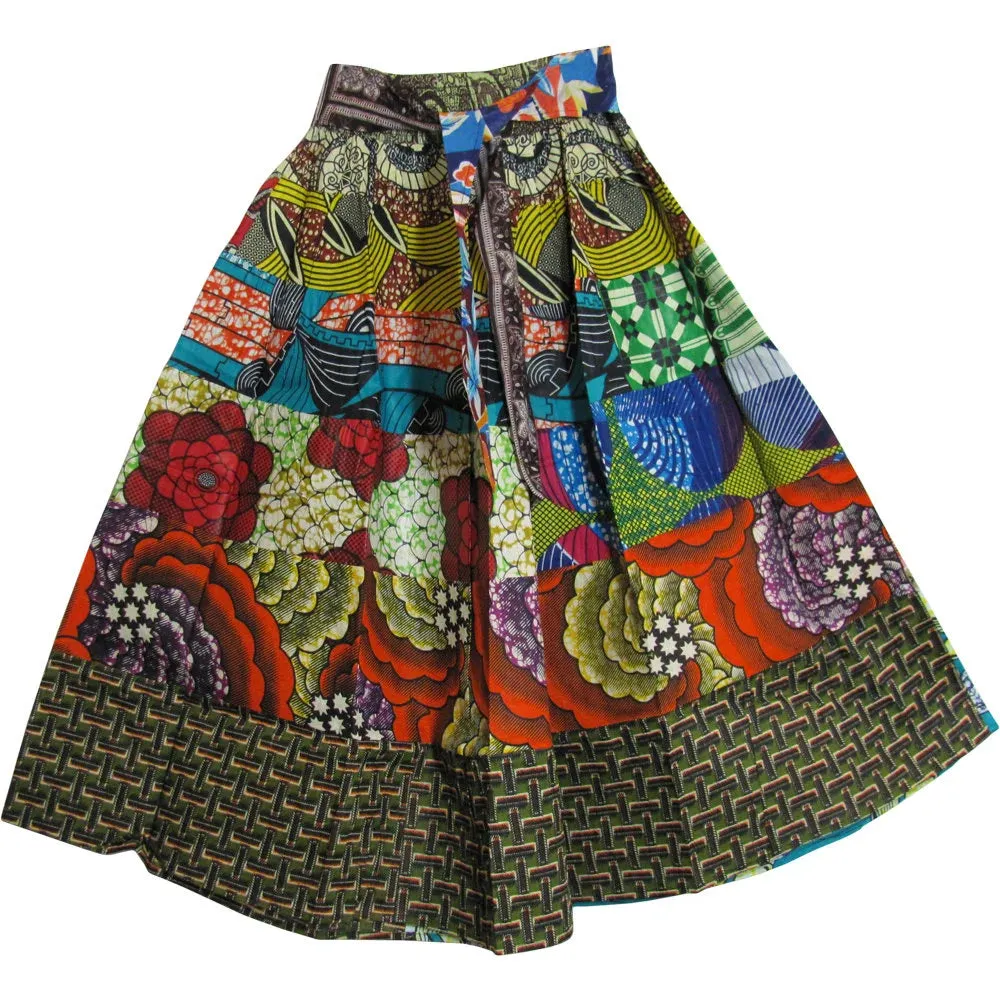 African Ethnic Print Cotton Patchwork Adjustable Flared Long Maxi Skirt