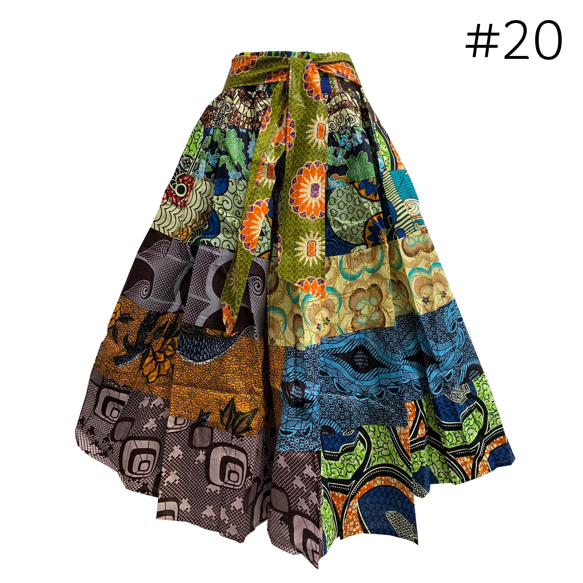 African Ethnic Print Cotton Patchwork Adjustable Flared Long Maxi Skirt