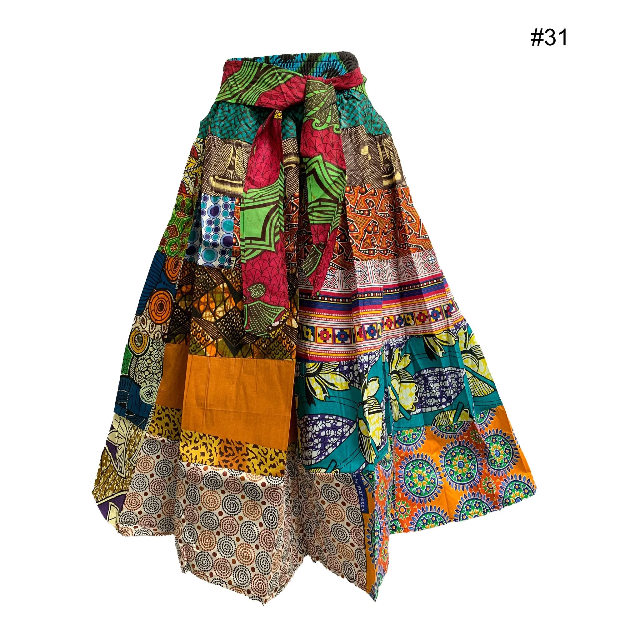 African Ethnic Print Cotton Patchwork Adjustable Flared Long Maxi Skirt