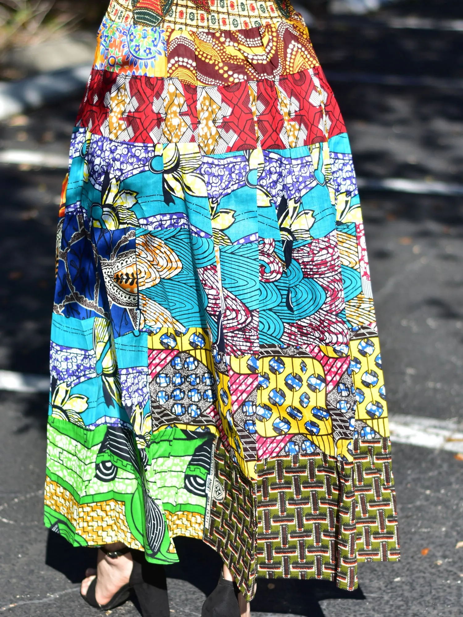 African Ethnic Print Cotton Patchwork Adjustable Flared Long Maxi Skirt