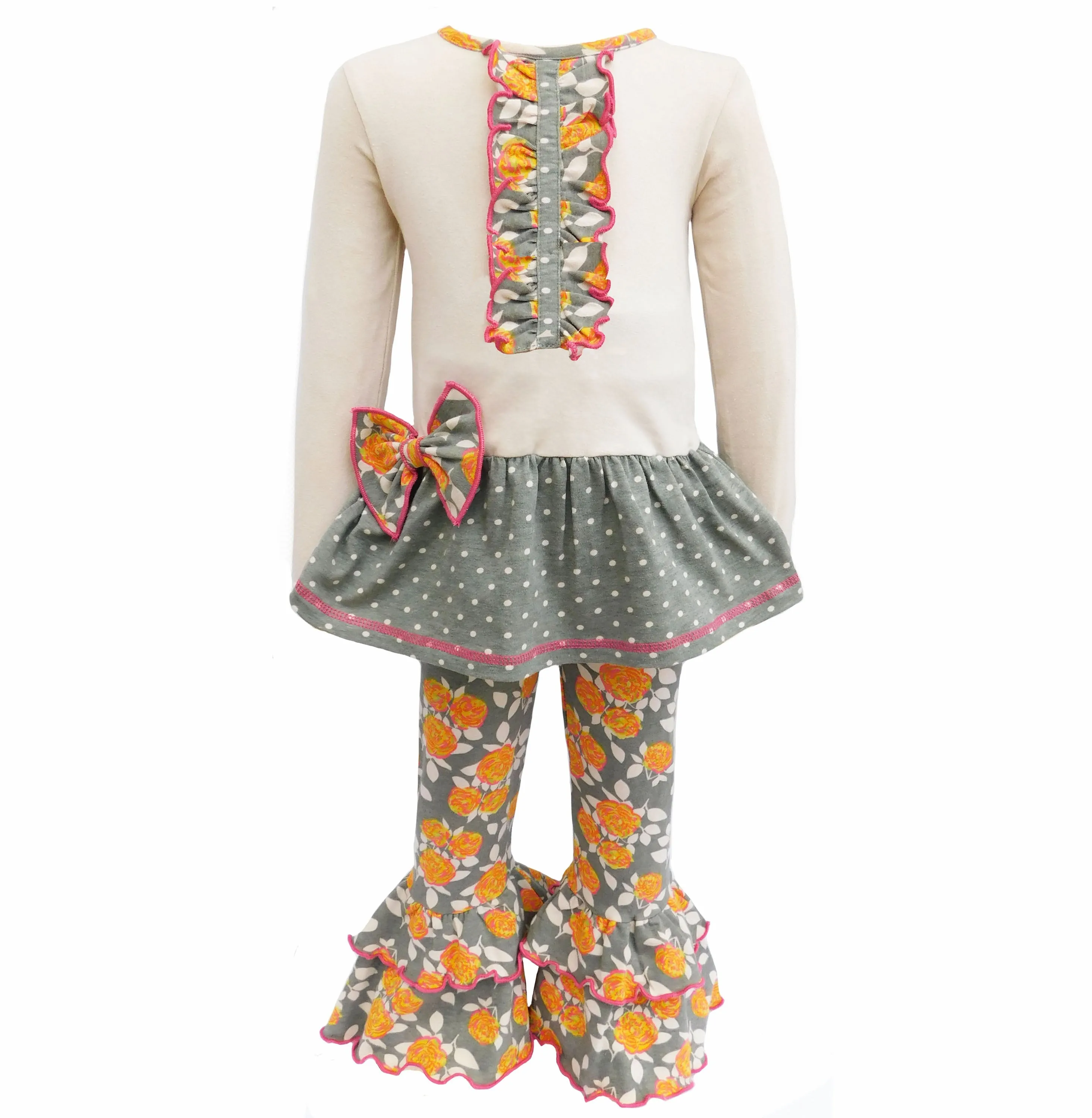 AnnLoren Girls Vintage Floral Polka Dots Tunic & Ruffle Pant Clothing Set