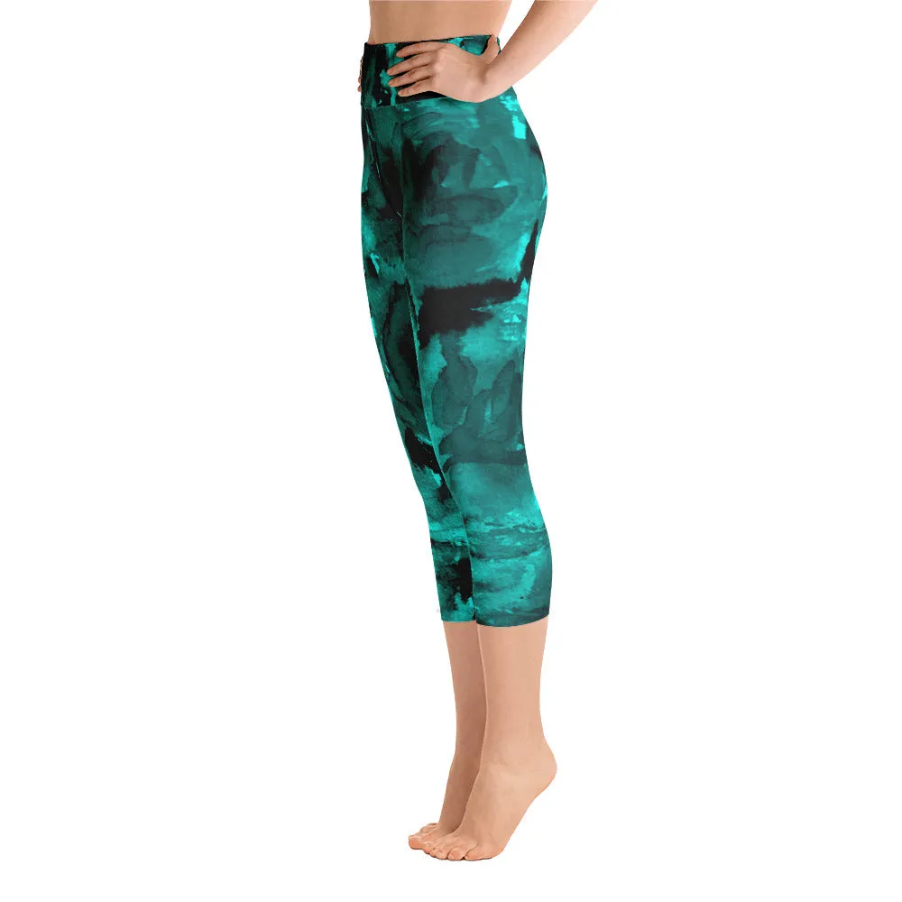 Aqua Blue Rose Capri Leggings, Best Women's Floral Print Capris Yoga Pants - Made in USA/EU