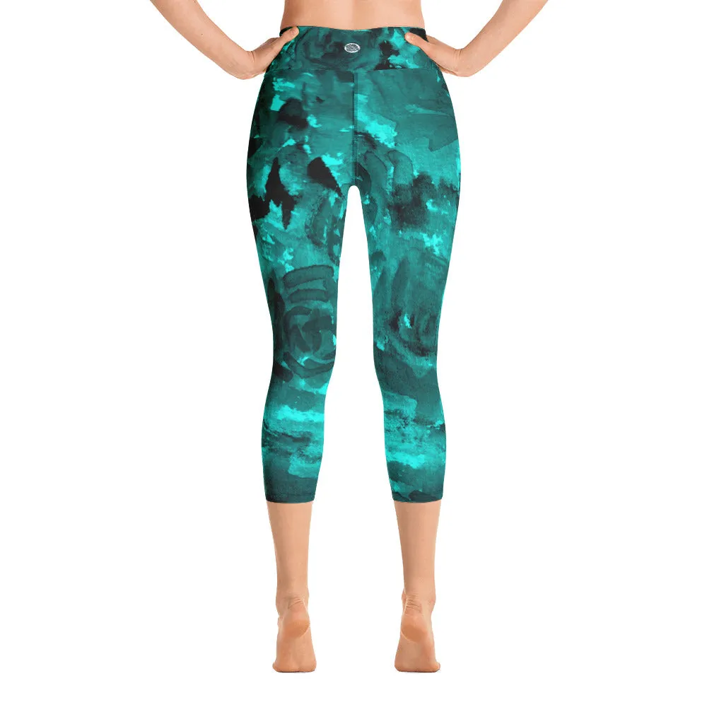 Aqua Blue Rose Capri Leggings, Best Women's Floral Print Capris Yoga Pants - Made in USA/EU