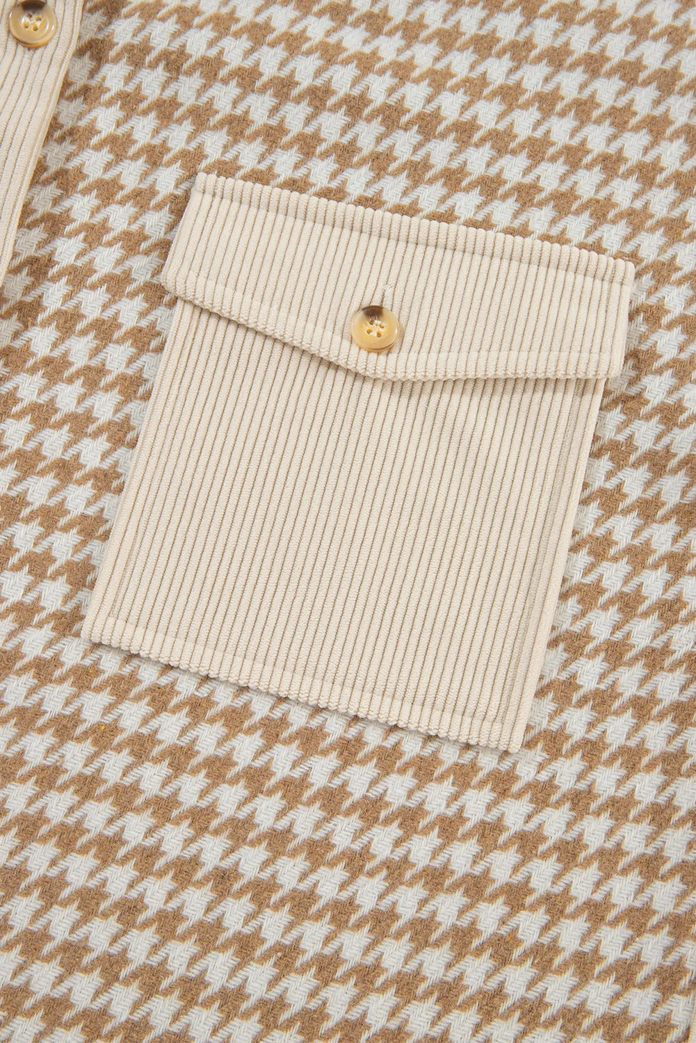 Beige Corduroy Shirt Jacket with Houndstooth Panel