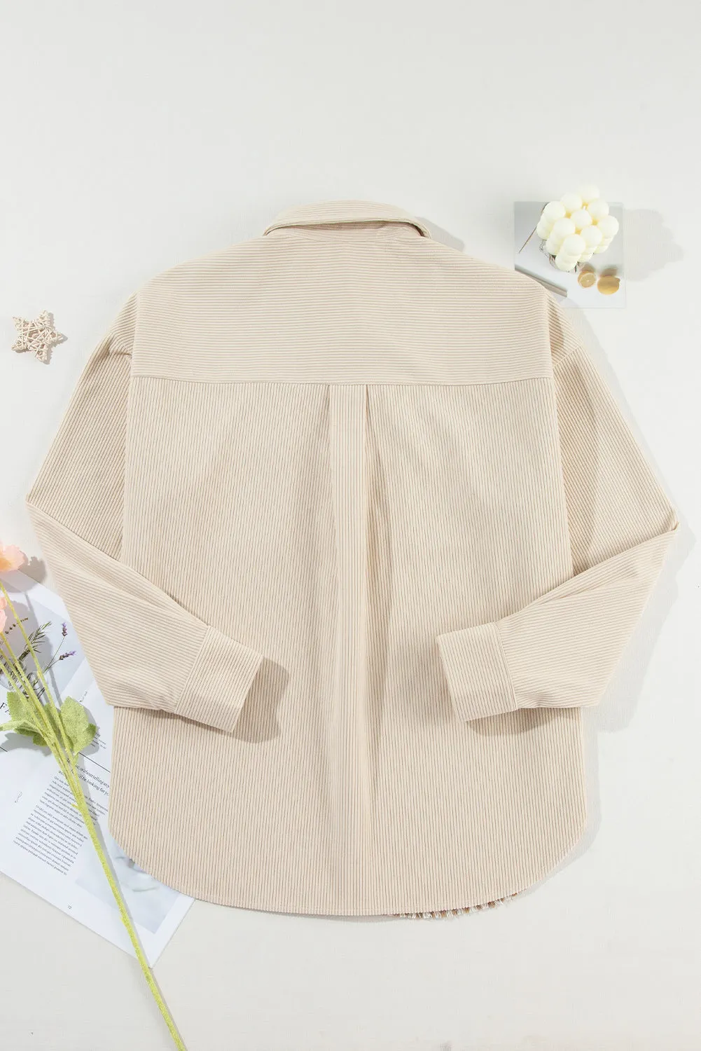 Beige Corduroy Shirt Jacket with Houndstooth Panel