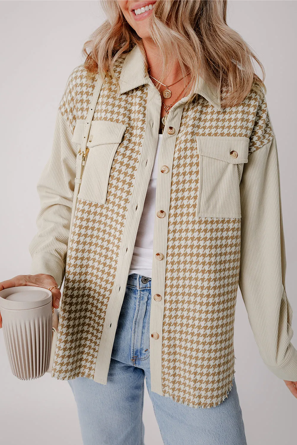 Beige Corduroy Shirt Jacket with Houndstooth Panel