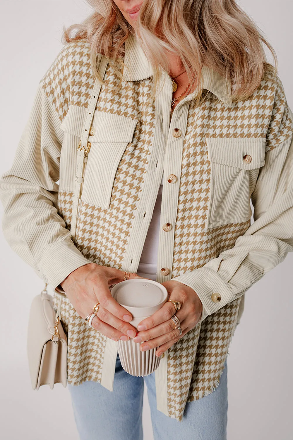 Beige Corduroy Shirt Jacket with Houndstooth Panel