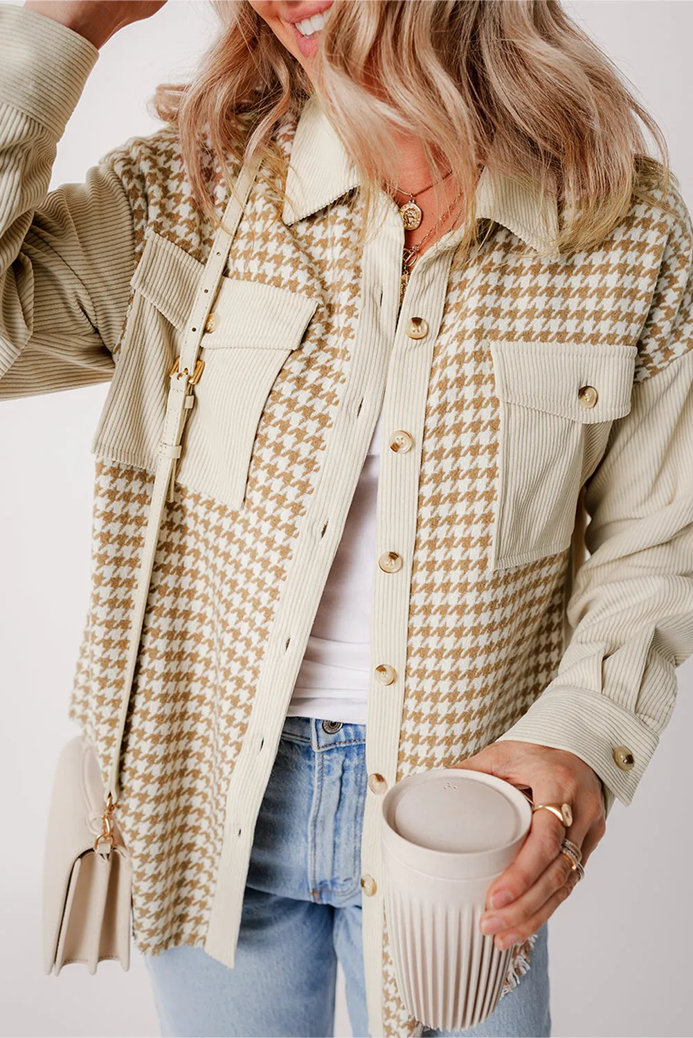 Beige Corduroy Shirt Jacket with Houndstooth Panel