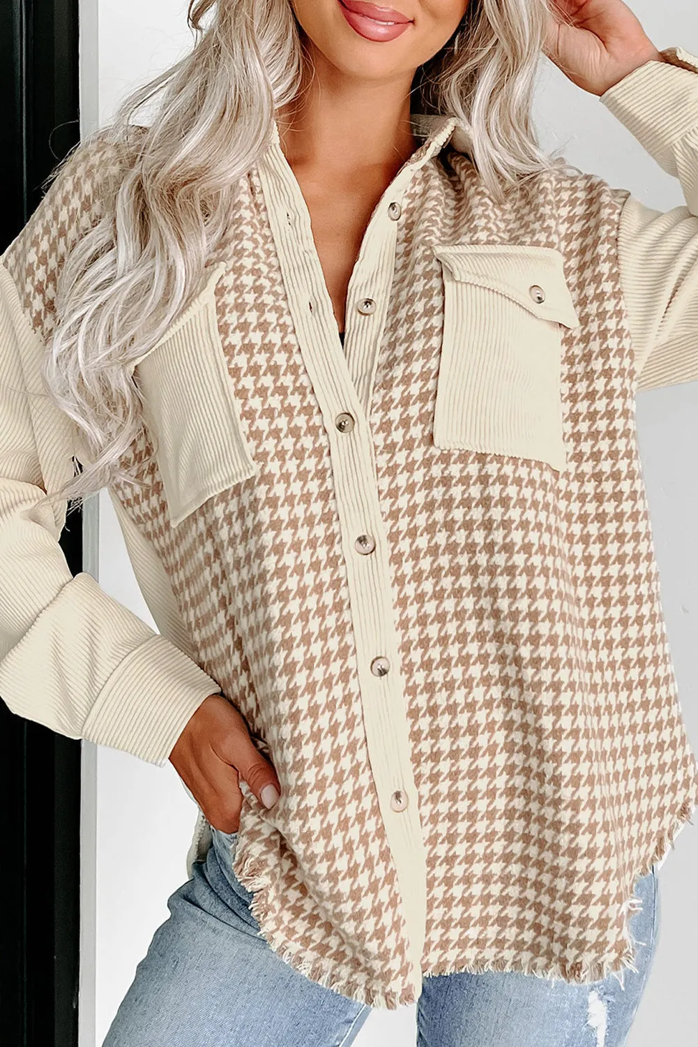 Beige Corduroy Shirt Jacket with Houndstooth Panel