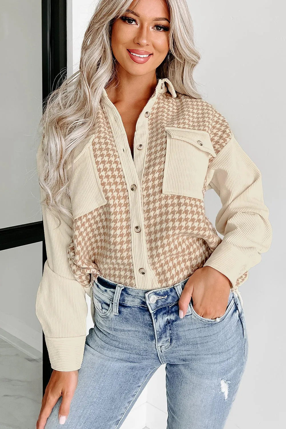 Beige Corduroy Shirt Jacket with Houndstooth Panel