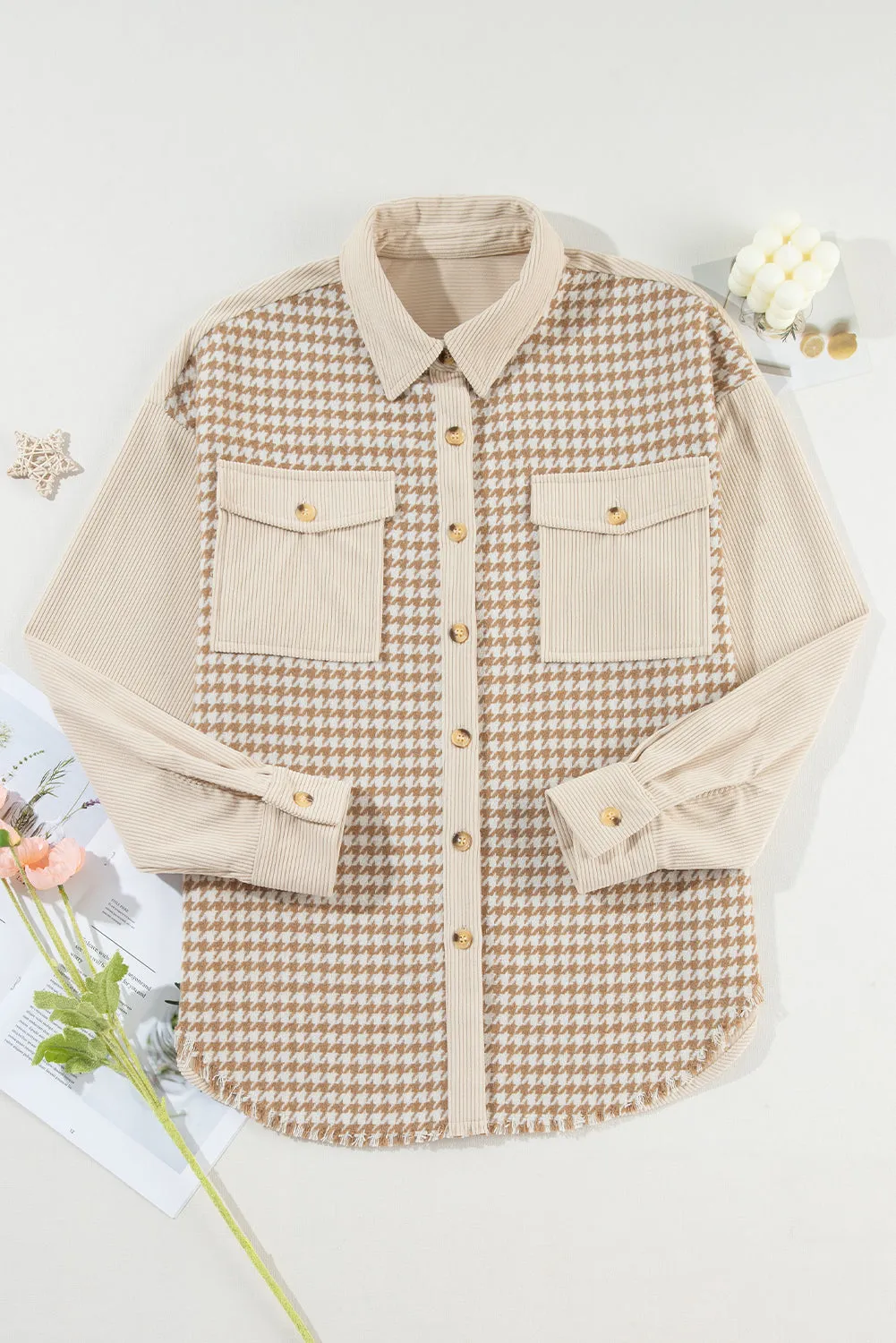 Beige Corduroy Shirt Jacket with Houndstooth Panel