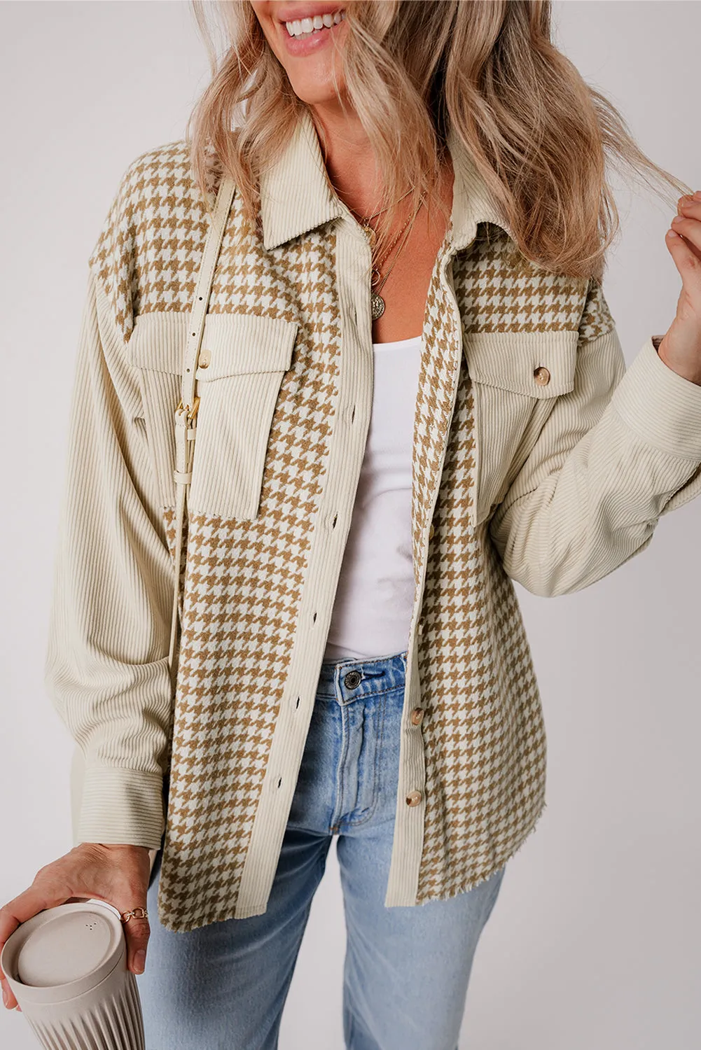 Beige Corduroy Shirt Jacket with Houndstooth Panel