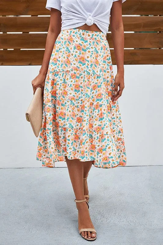 Beige Floral Ruffle Swing Midi Skirt