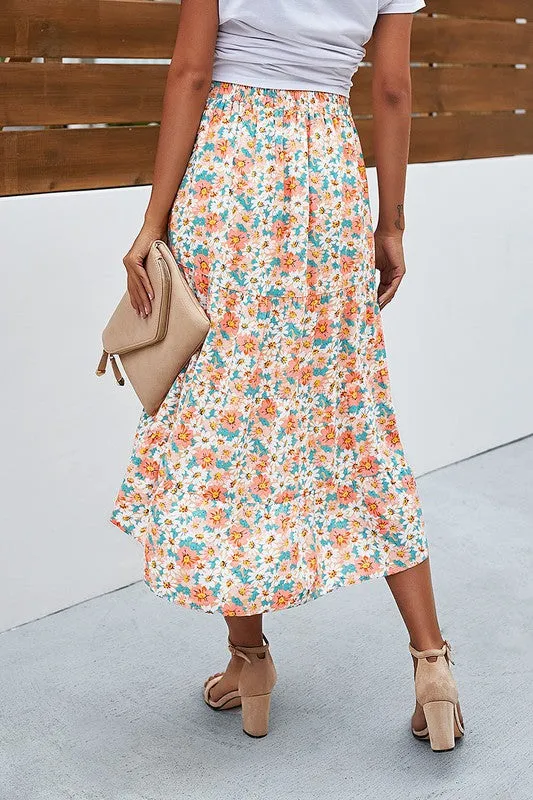 Beige Floral Ruffle Swing Midi Skirt