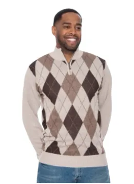 Beige Men's Crewneck Sweater Argyle Pattern Quarter Zip Up Long Sleeve Knit Pullover-93