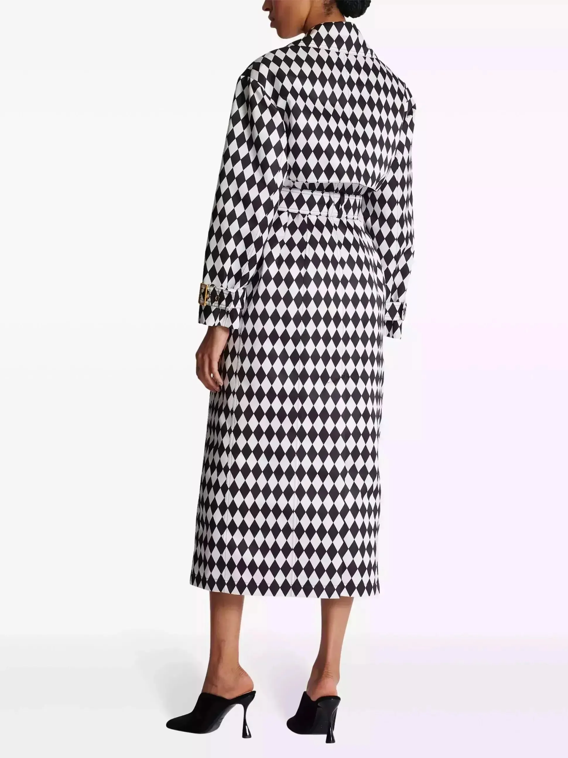 Belted Black and White Diamond Pattern Double-Breasted Trench Coat