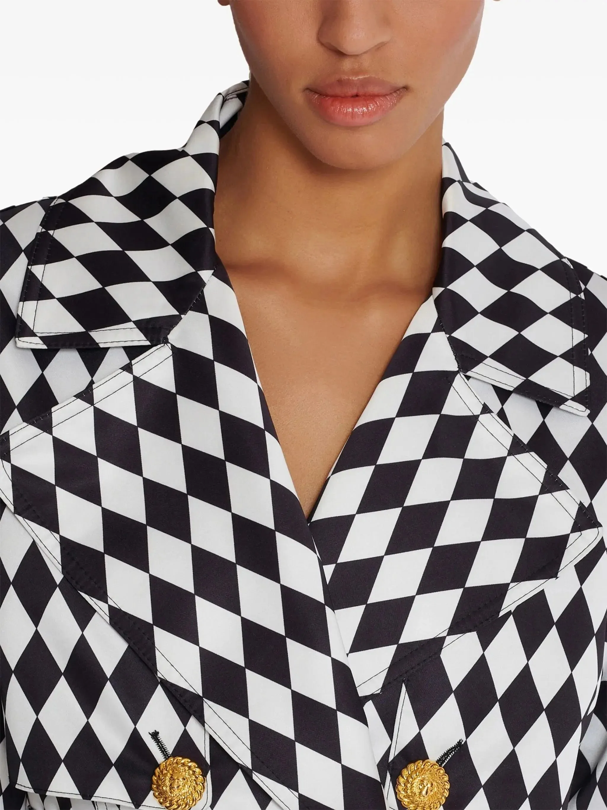 Belted Black and White Diamond Pattern Double-Breasted Trench Coat