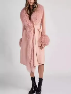 Belted Wool Cashmere and Mongolian Fur Coat in Pink