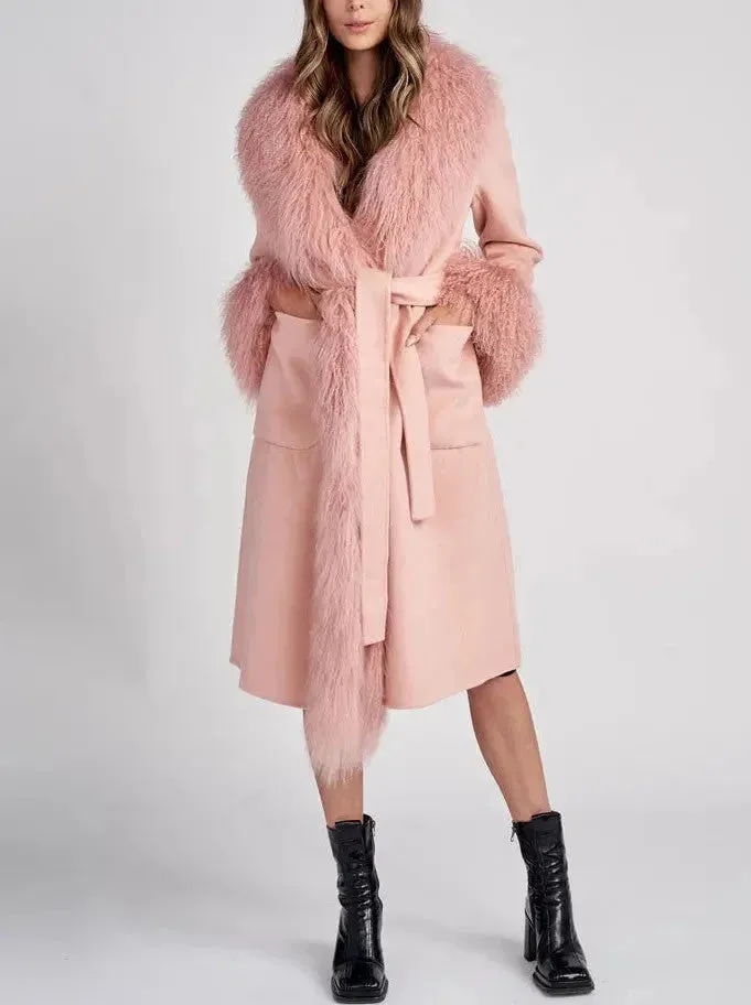 Belted Wool Cashmere and Mongolian Fur Coat in Pink