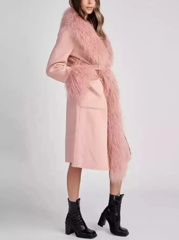 Belted Wool Cashmere and Mongolian Fur Coat in Pink