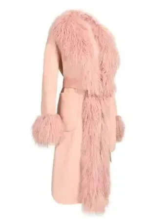 Belted Wool Cashmere and Mongolian Fur Coat in Pink