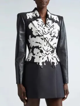 Bicolor Damask Pattern Faux-Leather and Jacquard Blazer