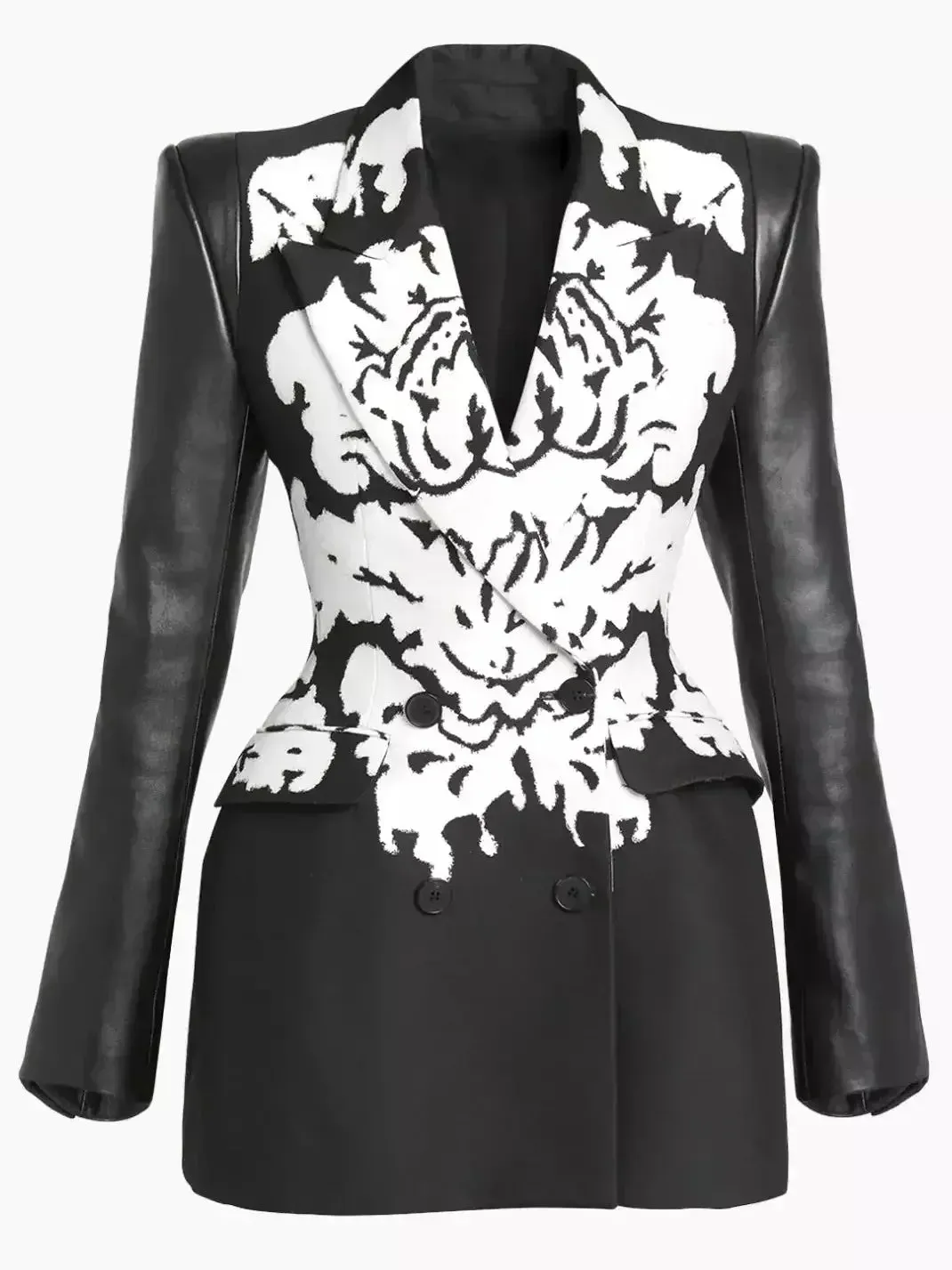 Bicolor Damask Pattern Faux-Leather and Jacquard Blazer