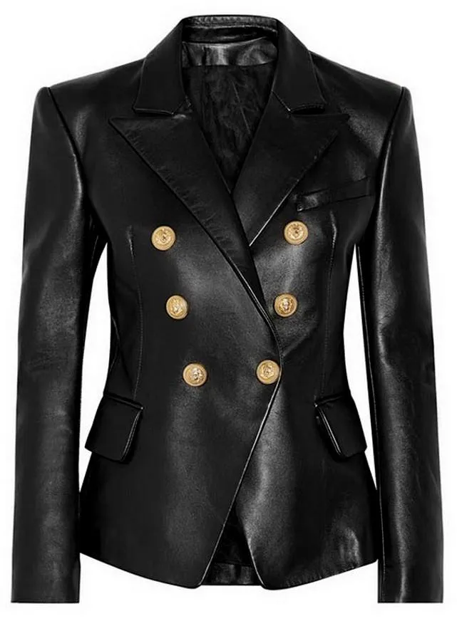 Black Faux-Leather Double-Breasted Blazer