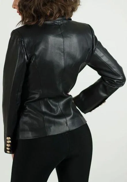 Black Faux-Leather Double-Breasted Blazer