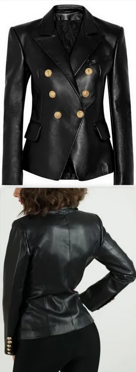 Black Faux-Leather Double-Breasted Blazer