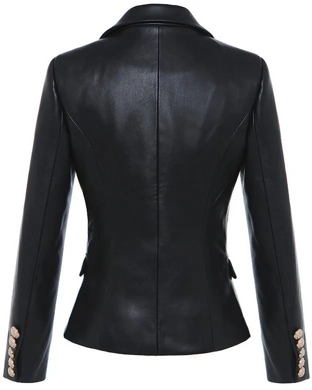 Black Faux-Leather Double-Breasted Blazer