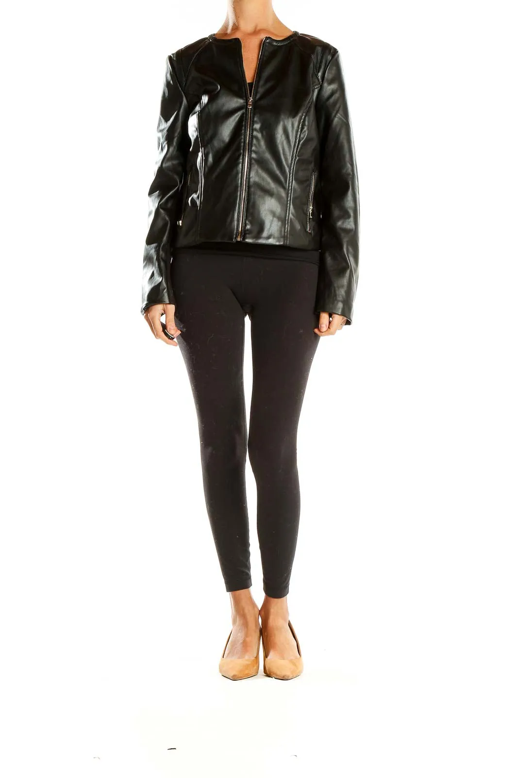 Black Faux Leather Zip-Up Jacket