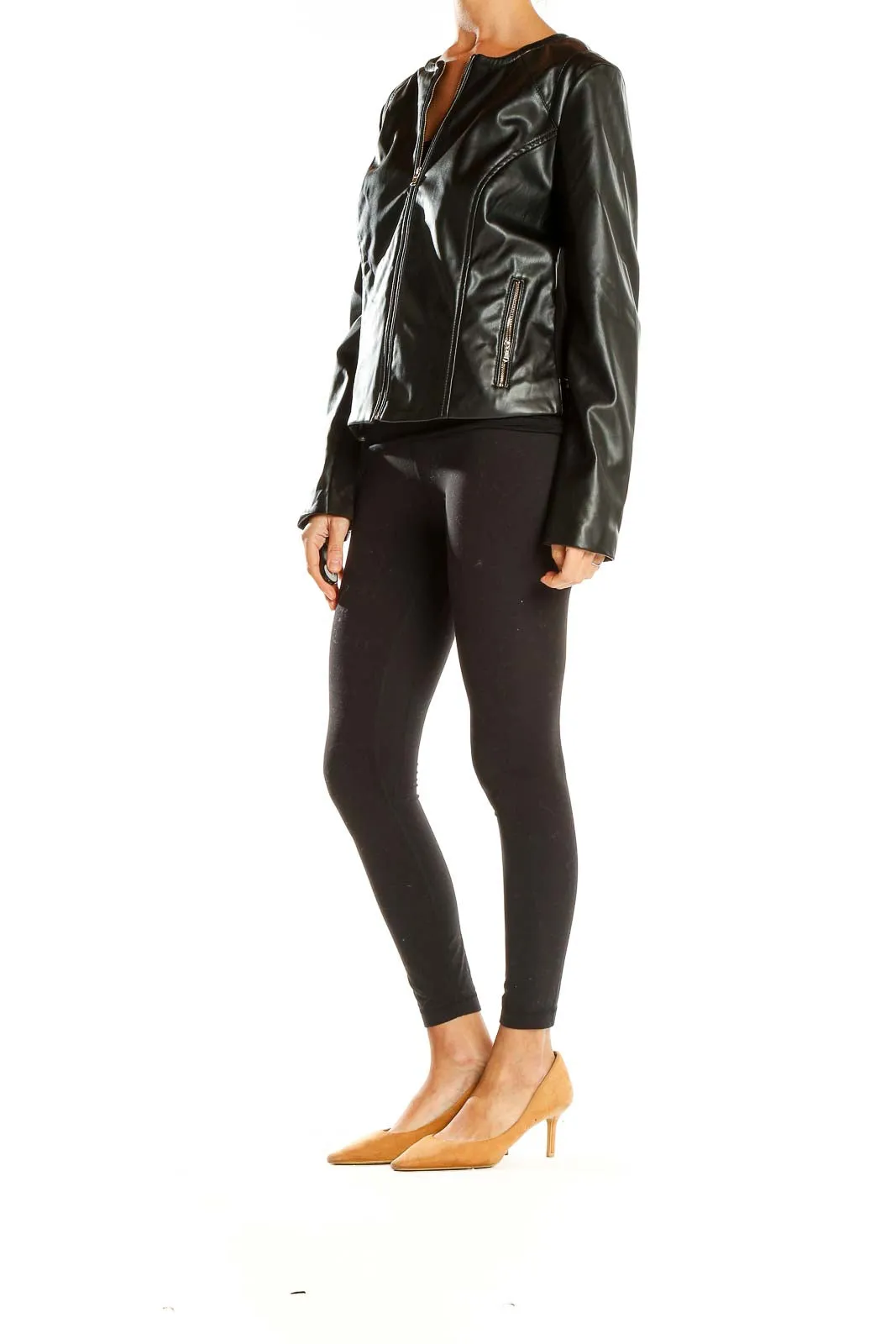 Black Faux Leather Zip-Up Jacket