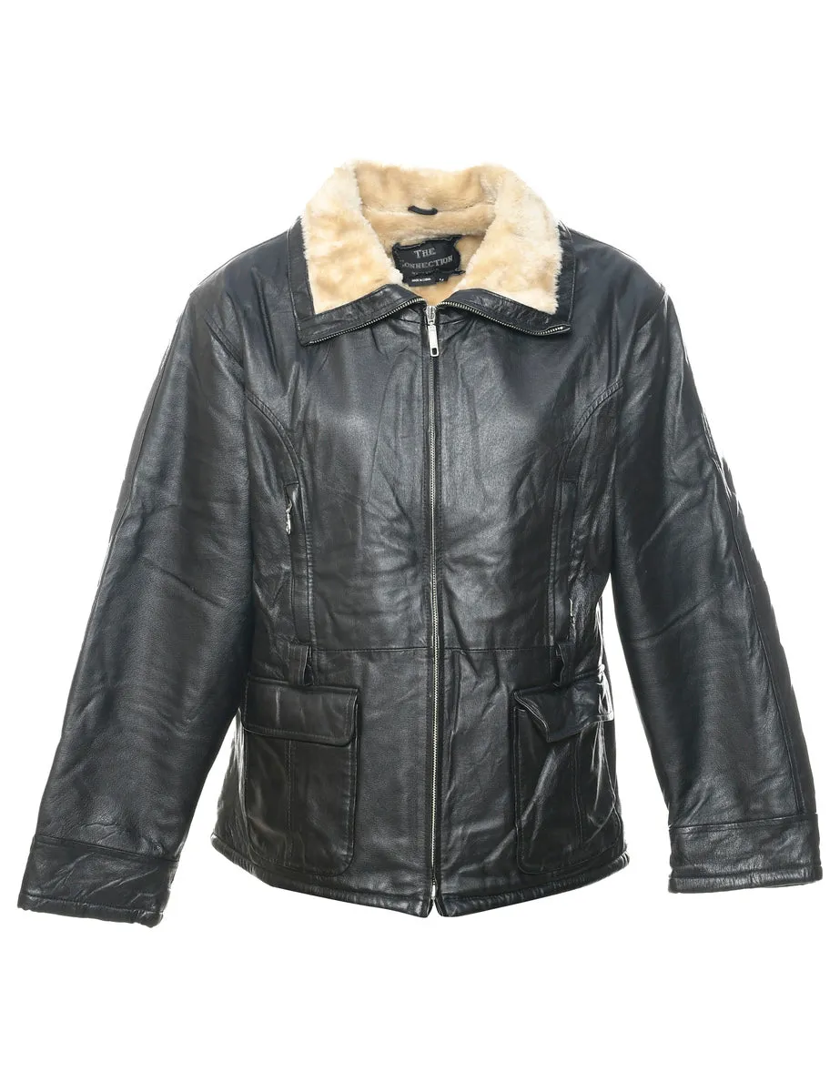 Black Faux Shearling Leather Jacket - M