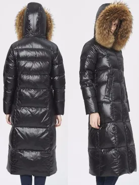 Black Glossy Fur Hooded Long Puffy Down Coat