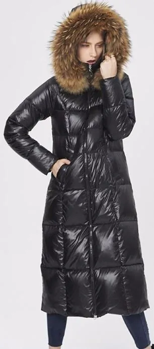 Black Glossy Fur Hooded Long Puffy Down Coat