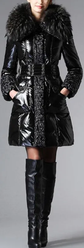 Black Glossy Fur-Trim Belted Puffer Coat