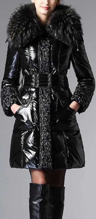 Black Glossy Fur-Trim Belted Puffer Coat