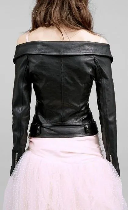 Black Off-Shoulder Faux-Leather Jacket